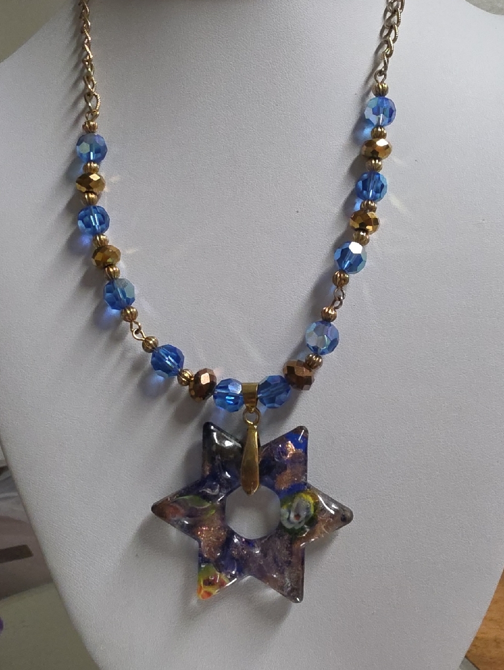 Handblown Aventurine Murrine Colbalt Blue Glass Star Necklace - Picture 1 of 6